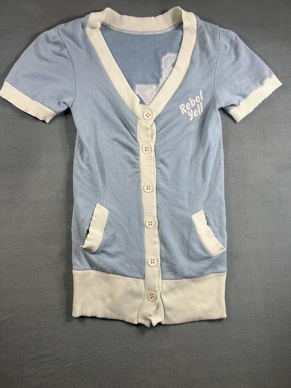 Vintage Rebel Yell Light Blue Cardigan Top, Cream Trim & Embroidery Size M
